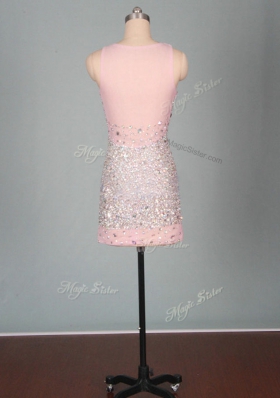Scoop Sleeveless Mini Length Beading Zipper Evening Dress with Pink