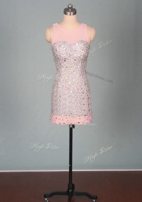 Scoop Sleeveless Mini Length Beading Zipper Evening Dress with Pink