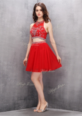 Simple Scoop Red A-line Beading Prom Party Dress Zipper Chiffon Sleeveless Mini Length