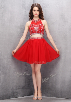 Simple Scoop Red A-line Beading Prom Party Dress Zipper Chiffon Sleeveless Mini Length