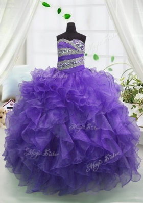 Simple Sweetheart Sleeveless Lace Up Little Girls Pageant Dress Eggplant Purple Organza
