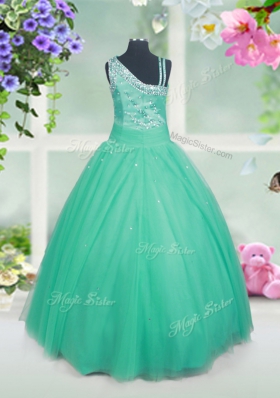 Tulle Asymmetric Sleeveless Side Zipper Beading Little Girls Pageant Gowns in Aqua Blue