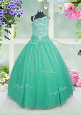 Tulle Asymmetric Sleeveless Side Zipper Beading Little Girls Pageant Gowns in Aqua Blue