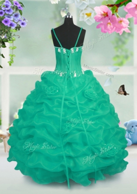 Turquoise Ball Gowns Taffeta V-neck Sleeveless Beading and Pick Ups Floor Length Lace Up Little Girls Pageant Dress Wholesale