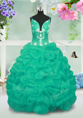 Turquoise Ball Gowns Taffeta V-neck Sleeveless Beading and Pick Ups Floor Length Lace Up Little Girls Pageant Dress Wholesale