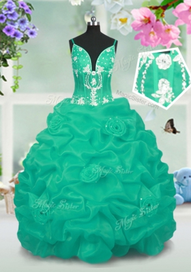 Turquoise Ball Gowns Taffeta V-neck Sleeveless Beading and Pick Ups Floor Length Lace Up Little Girls Pageant Dress Wholesale