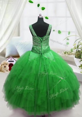 Turquoise Tulle Lace Up Little Girls Pageant Dress Wholesale Sleeveless Floor Length Beading and Ruffles