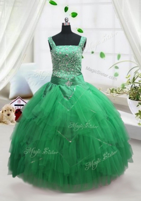Turquoise Tulle Lace Up Little Girls Pageant Dress Wholesale Sleeveless Floor Length Beading and Ruffles