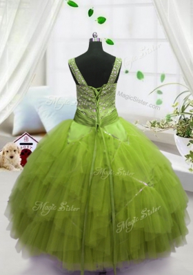 Yellow Green Lace Up Child Pageant Dress Beading and Ruffles Sleeveless Floor Length