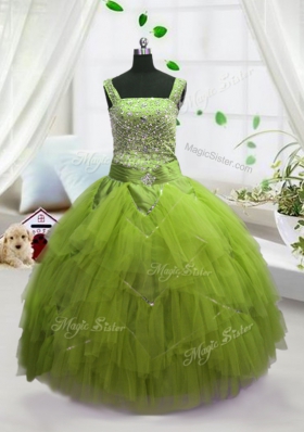 Yellow Green Lace Up Child Pageant Dress Beading and Ruffles Sleeveless Floor Length