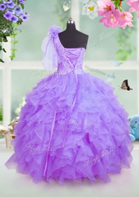 Adorable One Shoulder Lavender Sleeveless Floor Length Beading and Ruffles Lace Up Girls Pageant Dresses