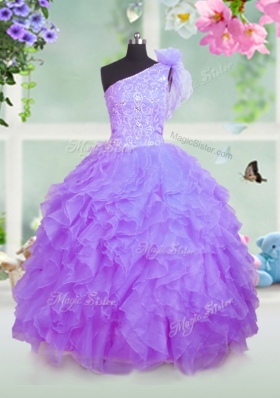 Adorable One Shoulder Lavender Sleeveless Floor Length Beading and Ruffles Lace Up Girls Pageant Dresses