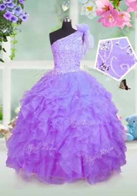 Adorable One Shoulder Lavender Sleeveless Floor Length Beading and Ruffles Lace Up Girls Pageant Dresses
