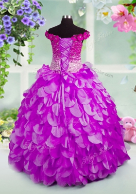Customized Lavender Ball Gowns Organza Off The Shoulder Sleeveless Beading and Hand Made Flower Floor Length Lace Up Little Girls Pageant Gowns