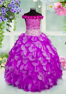 Customized Lavender Ball Gowns Organza Off The Shoulder Sleeveless Beading and Hand Made Flower Floor Length Lace Up Little Girls Pageant Gowns