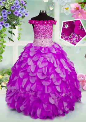 Customized Lavender Ball Gowns Organza Off The Shoulder Sleeveless Beading and Hand Made Flower Floor Length Lace Up Little Girls Pageant Gowns
