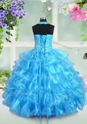 Eye-catching Halter Top Sleeveless Beading and Ruffled Layers Lace Up Girls Pageant Dresses