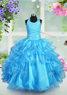 Eye-catching Halter Top Sleeveless Beading and Ruffled Layers Lace Up Girls Pageant Dresses