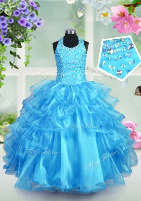 Eye-catching Halter Top Sleeveless Beading and Ruffled Layers Lace Up Girls Pageant Dresses