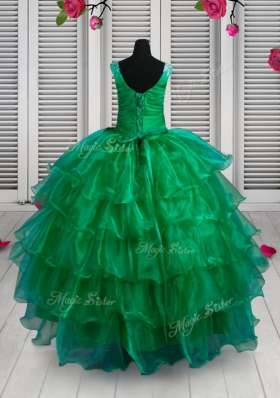 High Quality Green Ball Gowns Straps Sleeveless Organza Floor Length Lace Up Appliques and Ruffled Layers Pageant Gowns For Girls