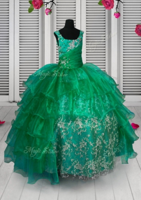 High Quality Green Ball Gowns Straps Sleeveless Organza Floor Length Lace Up Appliques and Ruffled Layers Pageant Gowns For Girls