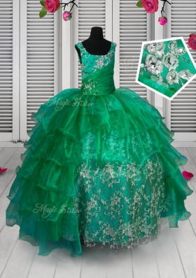 High Quality Green Ball Gowns Straps Sleeveless Organza Floor Length Lace Up Appliques and Ruffled Layers Pageant Gowns For Girls
