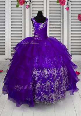 Navy Blue Little Girl Pageant Gowns Party and Wedding Party and For with Appliques and Ruffled Layers Straps Sleeveless Lace Up