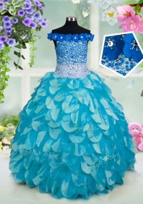 Off the Shoulder Turquoise Organza Lace Up Girls Pageant Dresses Sleeveless Floor Length Beading and Sashes|ribbons and Sequins