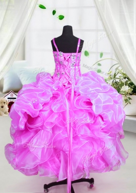 Purple Kids Pageant Dress Party and Wedding Party and For with Beading and Ruffles Spaghetti Straps Sleeveless Lace Up