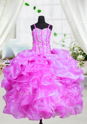 Purple Kids Pageant Dress Party and Wedding Party and For with Beading and Ruffles Spaghetti Straps Sleeveless Lace Up