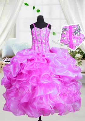 Purple Kids Pageant Dress Party and Wedding Party and For with Beading and Ruffles Spaghetti Straps Sleeveless Lace Up