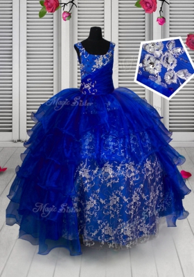 Straps Sleeveless Little Girls Pageant Gowns Floor Length Appliques Blue Organza