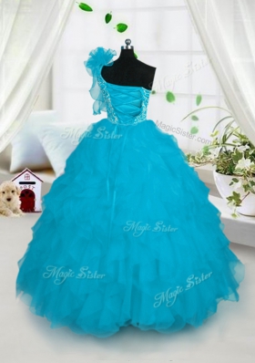 Turquoise One Shoulder Neckline Embroidery and Ruffles Kids Pageant Dress Sleeveless Lace Up