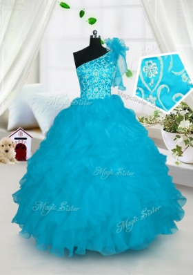 Turquoise One Shoulder Neckline Embroidery and Ruffles Kids Pageant Dress Sleeveless Lace Up