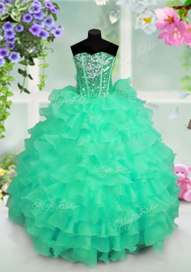Turquoise Sweetheart Lace Up Ruffled Layers and Sequins Child Pageant Dress Sleeveless