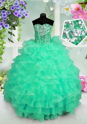 Turquoise Sweetheart Lace Up Ruffled Layers and Sequins Child Pageant Dress Sleeveless