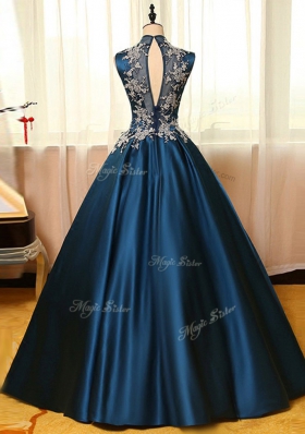 A-line Dress for Prom Navy Blue High-neck Satin Sleeveless Floor Length Backless