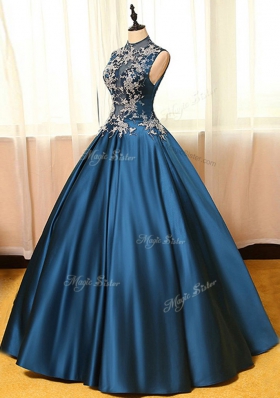 A-line Dress for Prom Navy Blue High-neck Satin Sleeveless Floor Length Backless