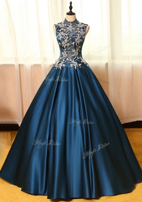 A-line Dress for Prom Navy Blue High-neck Satin Sleeveless Floor Length Backless