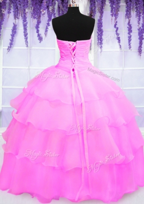 Affordable Hot Pink Lace Up Quinceanera Gowns Beading and Ruffled Layers Sleeveless Floor Length