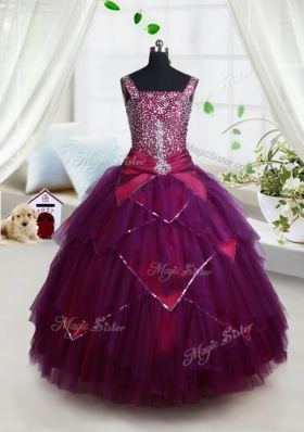 Attractive Square Dark Purple Tulle Lace Up Pageant Gowns For Girls Sleeveless Floor Length Beading and Ruffles and Belt