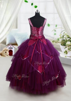 Attractive Square Dark Purple Tulle Lace Up Pageant Gowns For Girls Sleeveless Floor Length Beading and Ruffles and Belt