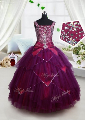 Attractive Square Dark Purple Tulle Lace Up Pageant Gowns For Girls Sleeveless Floor Length Beading and Ruffles and Belt