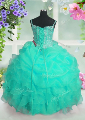 Attractive Turquoise Ball Gowns Beading and Ruffles and Pick Ups Child Pageant Dress Lace Up Organza Sleeveless Floor Length