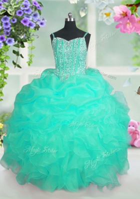 Attractive Turquoise Ball Gowns Beading and Ruffles and Pick Ups Child Pageant Dress Lace Up Organza Sleeveless Floor Length