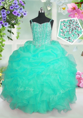 Attractive Turquoise Ball Gowns Beading and Ruffles and Pick Ups Child Pageant Dress Lace Up Organza Sleeveless Floor Length