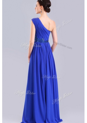 Beauteous One Shoulder Floor Length Column/Sheath Sleeveless Royal Blue Homecoming Dress Side Zipper