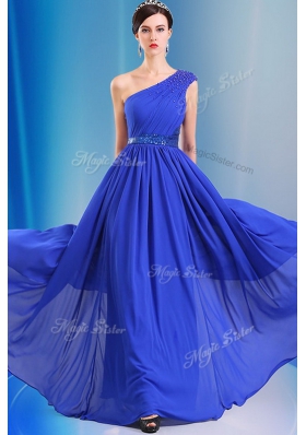 Beauteous One Shoulder Floor Length Column/Sheath Sleeveless Royal Blue Homecoming Dress Side Zipper