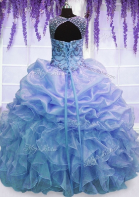 Beautiful Scoop Floor Length Blue Sweet 16 Dress Organza Sleeveless Beading and Ruffles