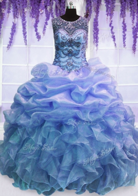 Beautiful Scoop Floor Length Blue Sweet 16 Dress Organza Sleeveless Beading and Ruffles